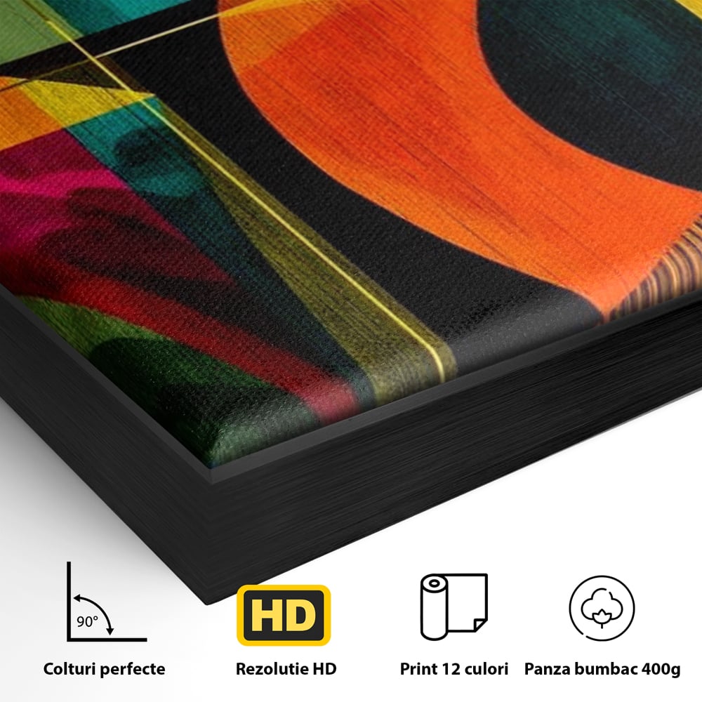 Detaliu al suprafetei: tablou canvas cu flamingo geometric, in rama de aluminiu negru