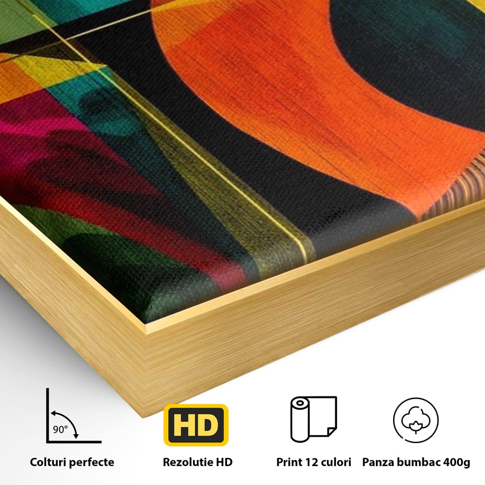 Detaliu al suprafetei: tablou canvas cu flamingo geometric, in rama de aluminiu auriu