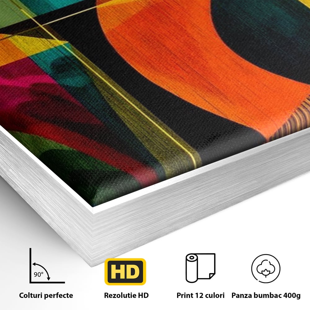 Detaliu al suprafetei: tablou canvas cu flamingo geometric, in rama de aluminiu argintiu