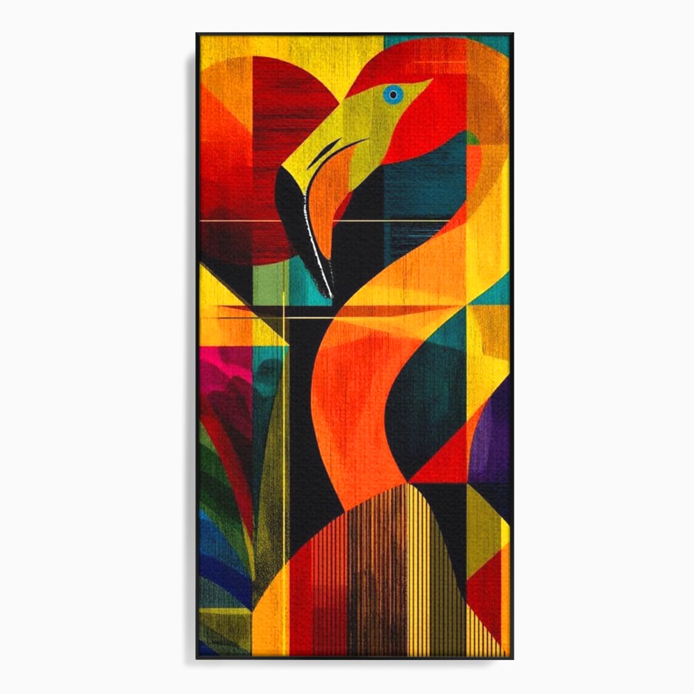 Tablou canvas cu tablou canvas cu flamingo geometric, in rama de aluminiu negru