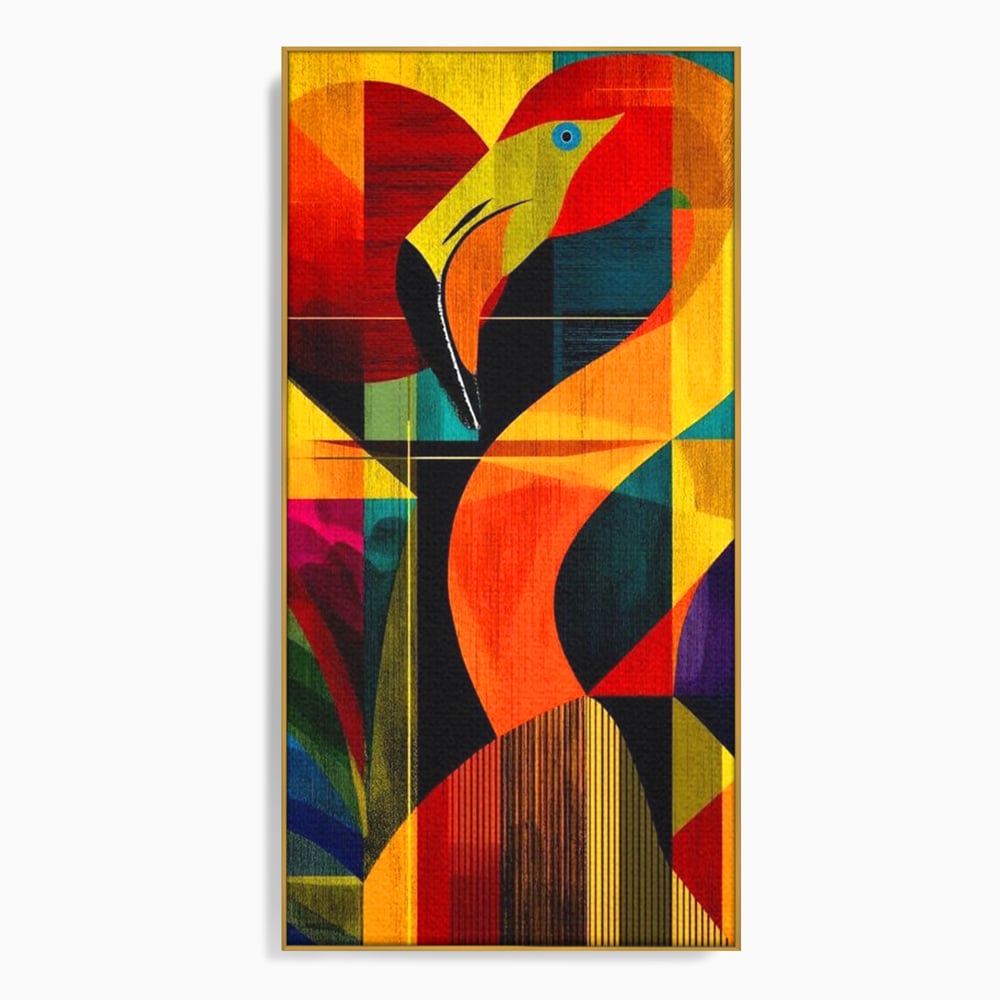 Tablou canvas cu tablou canvas cu flamingo geometric, in rama de aluminiu auriu