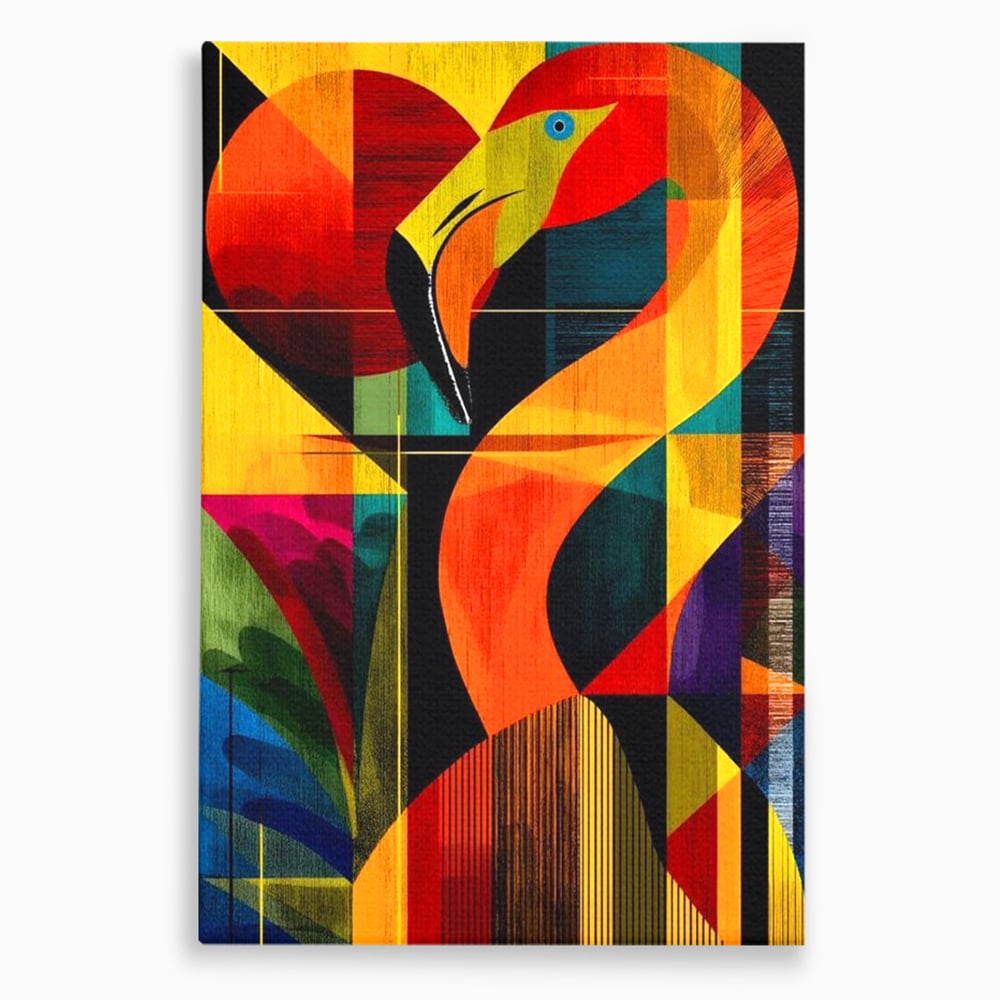 Tablou canvas cu tablou canvas cu flamingo geometric, fara rama, pe sasiu de lemn