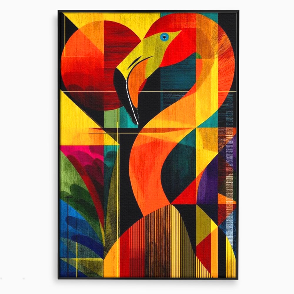 Tablou canvas cu tablou canvas cu flamingo geometric, in rama de aluminiu negru