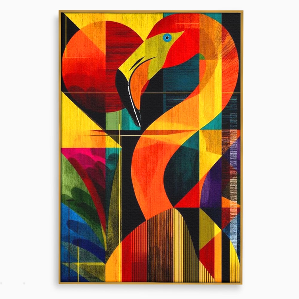 Tablou canvas cu tablou canvas cu flamingo geometric, in rama de aluminiu auriu