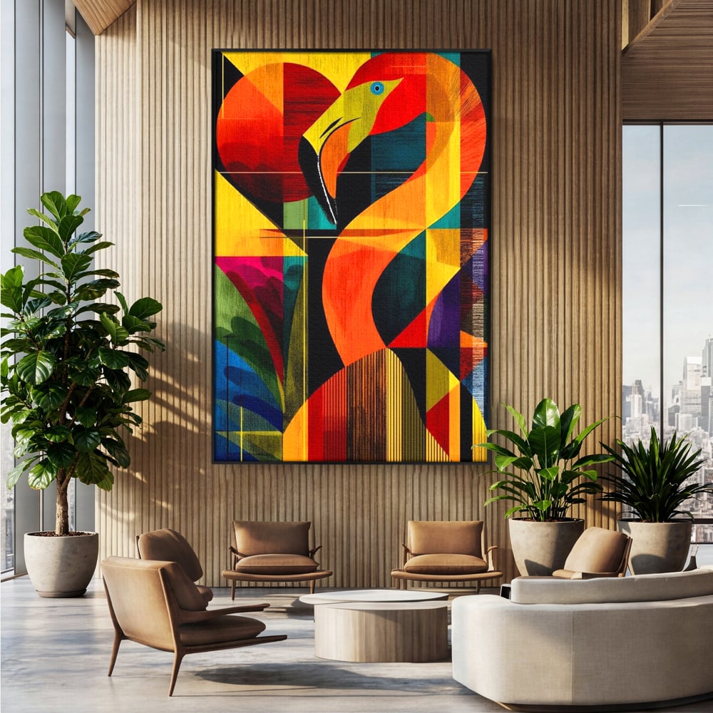 Tablou canvas cu tablou canvas cu flamingo geometric, in rama de aluminiu negru, pe perete intr-un birou