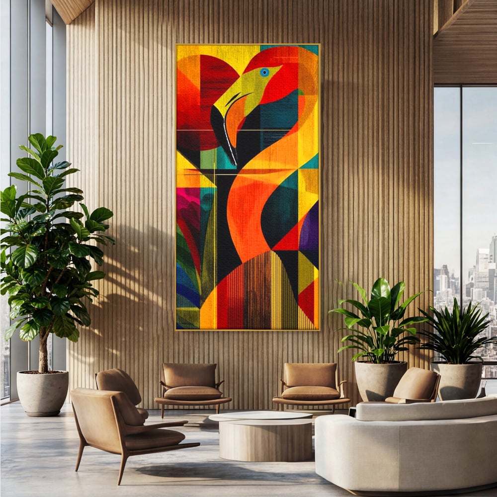 Tablou canvas cu tablou canvas cu flamingo geometric, in rama de aluminiu auriu, pe perete intr-un birou