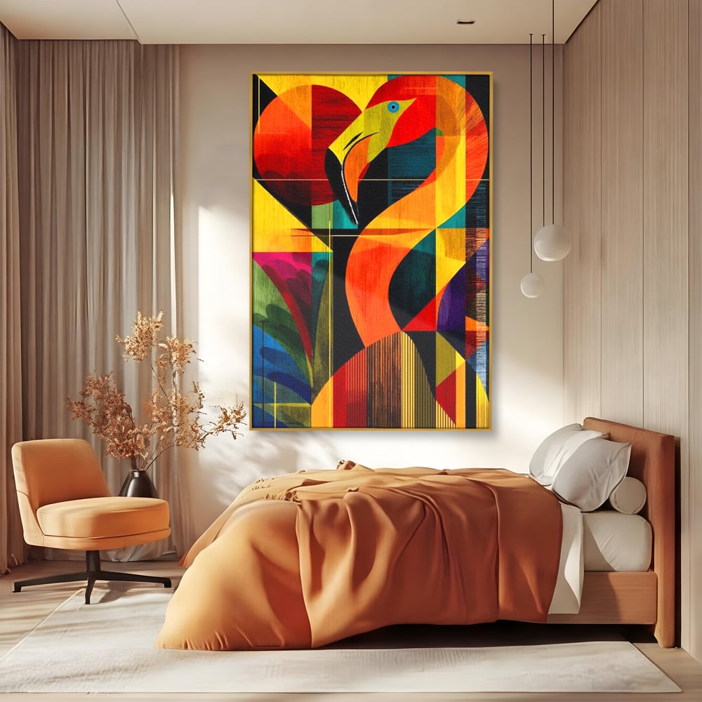 Tablou canvas cu tablou canvas cu flamingo geometric, in rama de aluminiu auriu, pe perete intr-un dormitor