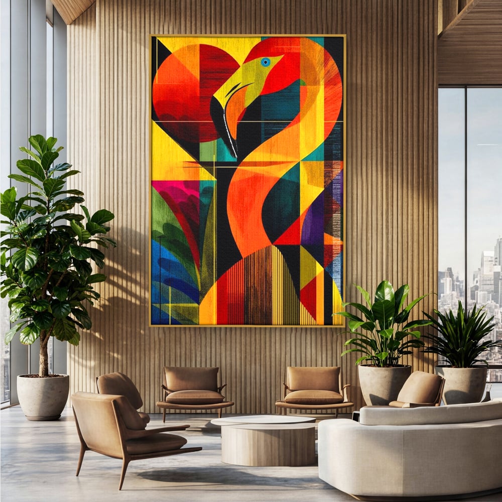 Tablou canvas cu tablou canvas cu flamingo geometric, in rama de aluminiu auriu, pe perete intr-un birou
