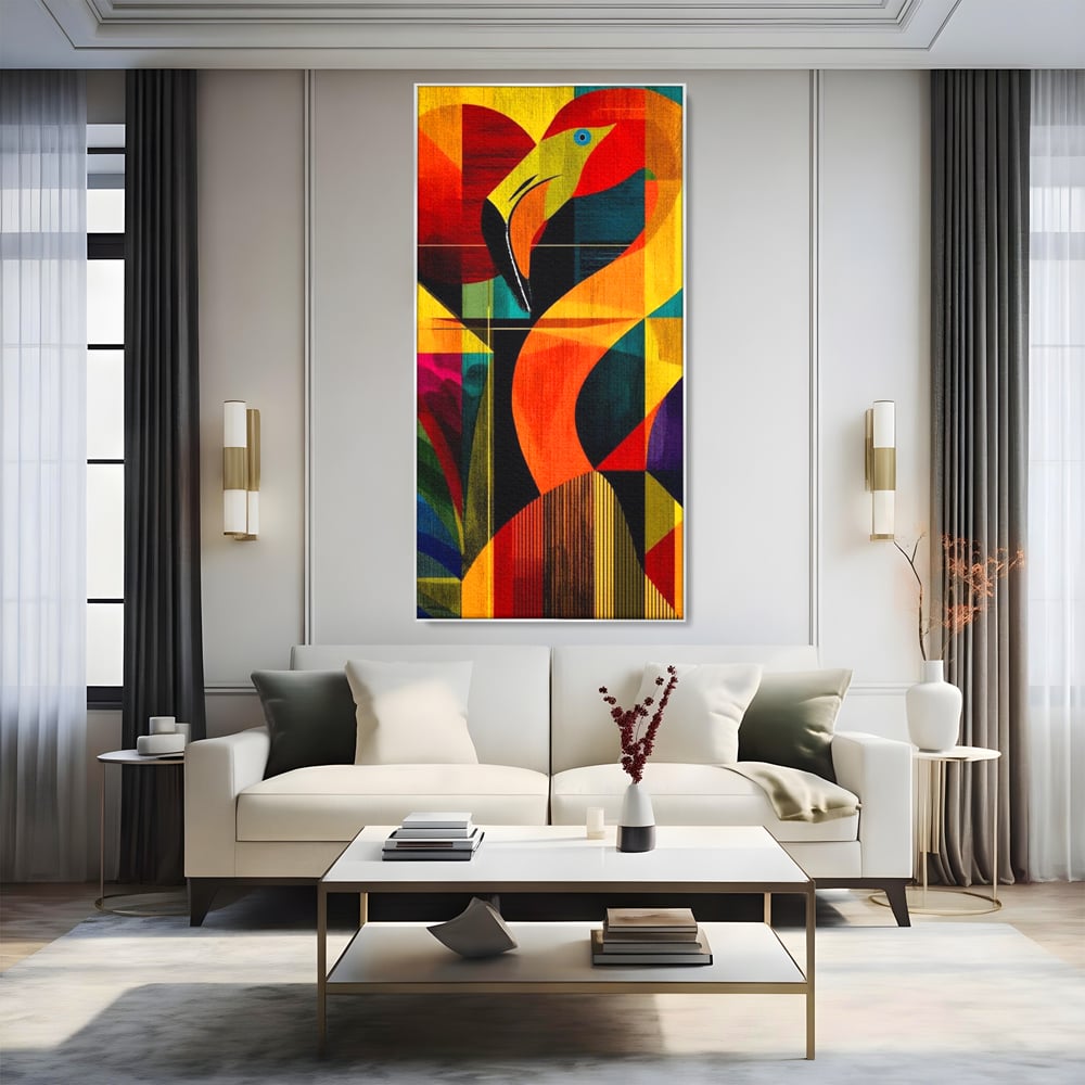 Tablou canvas cu tablou canvas cu flamingo geometric, in rama de aluminiu argintiu, pe perete intr-un living