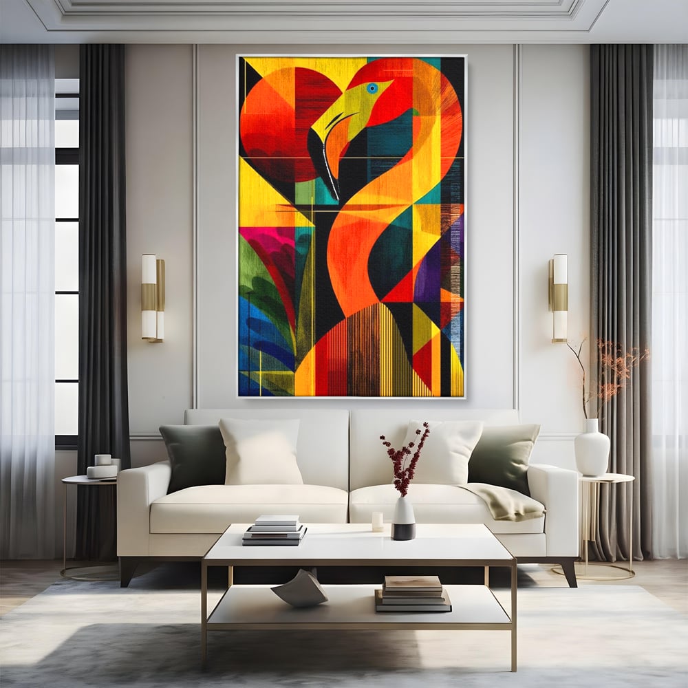 Tablou canvas cu tablou canvas cu flamingo geometric, in rama de aluminiu argintiu, pe perete intr-un living
