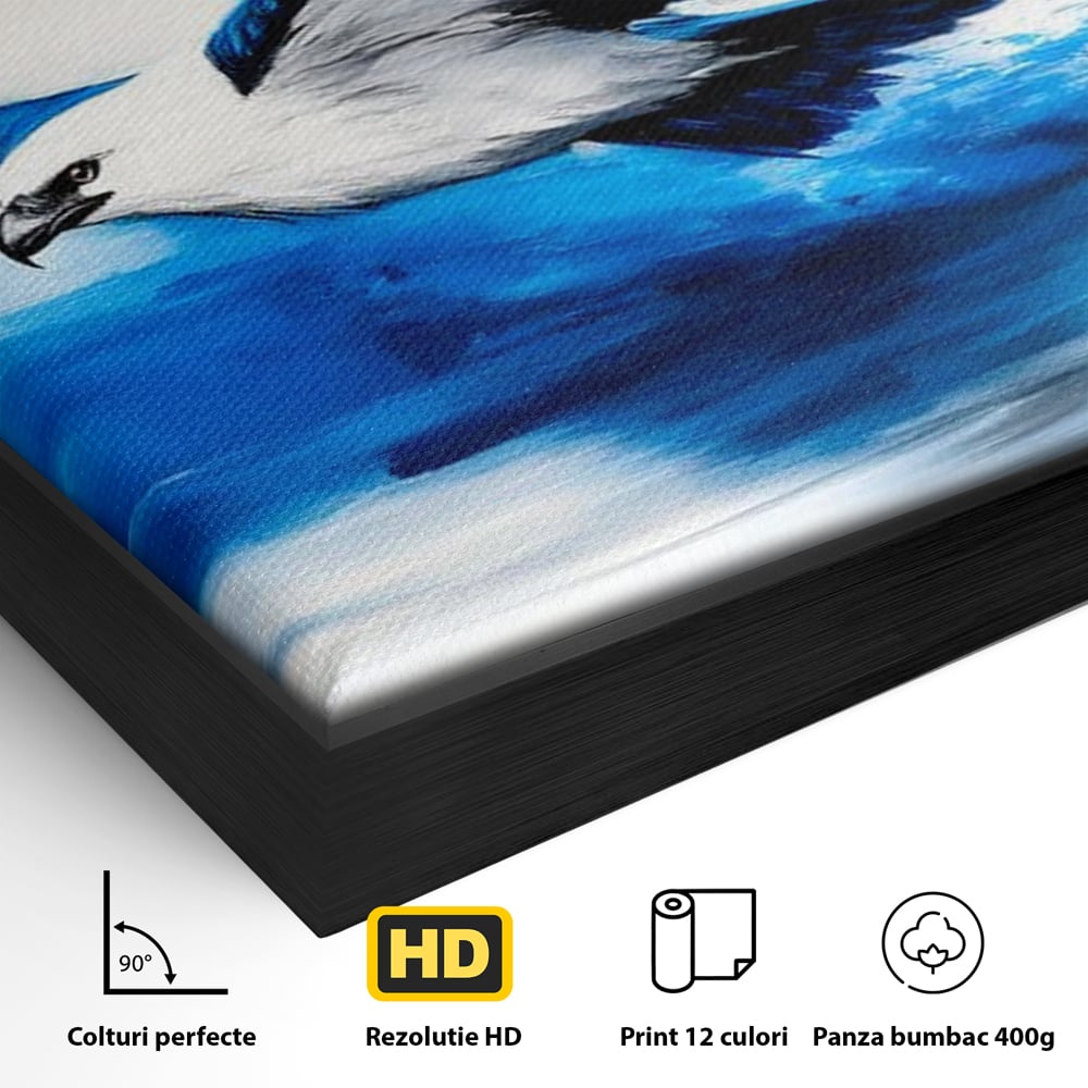 Detaliu al suprafetei: tablou canvas cu vultur zburand peste apa, in rama de aluminiu negru