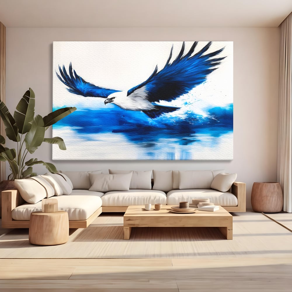 Tablou canvas cu tablou canvas cu vultur zburand peste apa, fara rama, pe sasiu de lemn, pe perete intr-un living