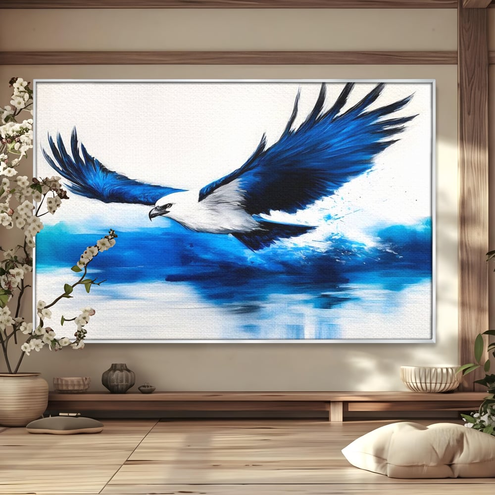 Tablou canvas cu tablou canvas cu vultur zburand peste apa, in rama de aluminiu argintiu