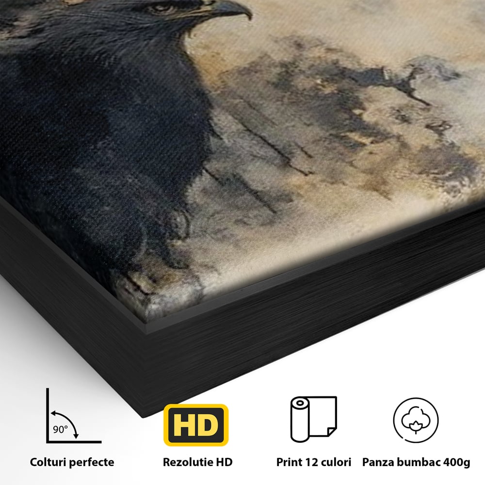 Detaliu al suprafetei: tablou canvas cu vultur si semiluna aurie, in rama de aluminiu negru