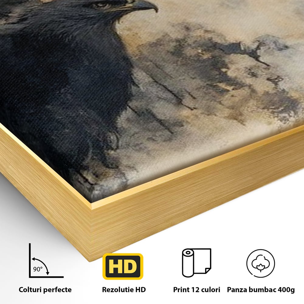 Detaliu al suprafetei: tablou canvas cu vultur si semiluna aurie, in rama de aluminiu auriu