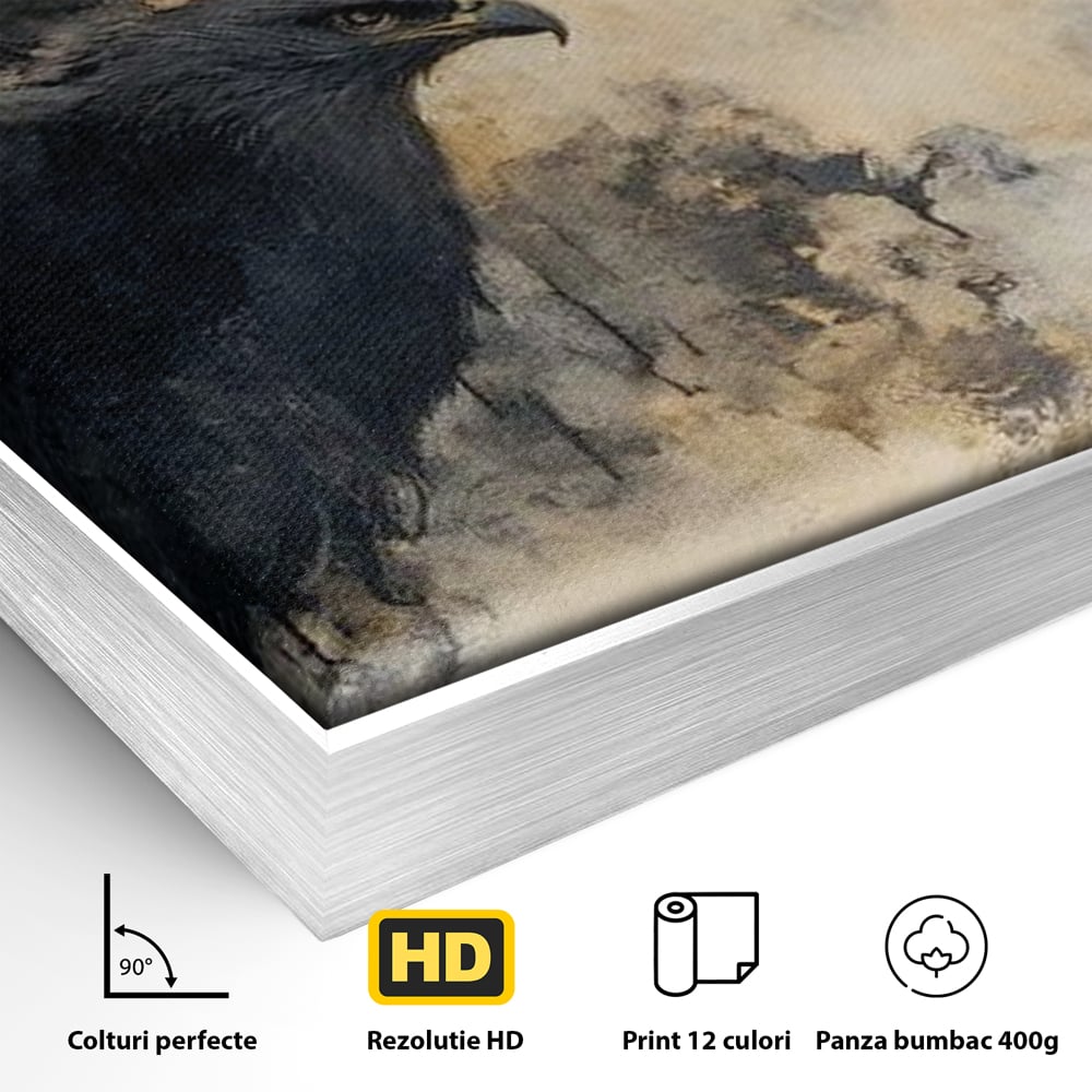 Detaliu al suprafetei: tablou canvas cu vultur si semiluna aurie, in rama de aluminiu argintiu