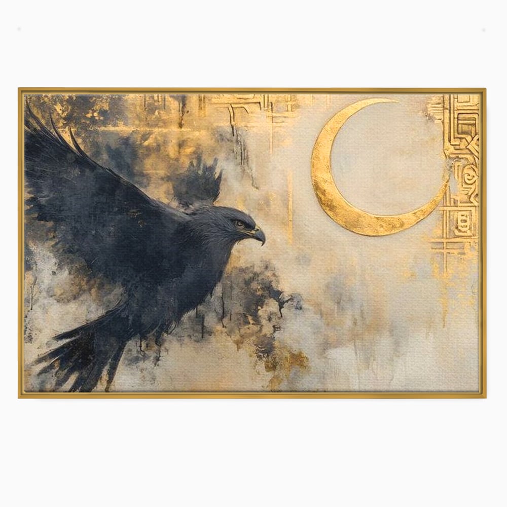 Tablou canvas cu tablou canvas cu vultur si semiluna aurie, in rama de aluminiu auriu