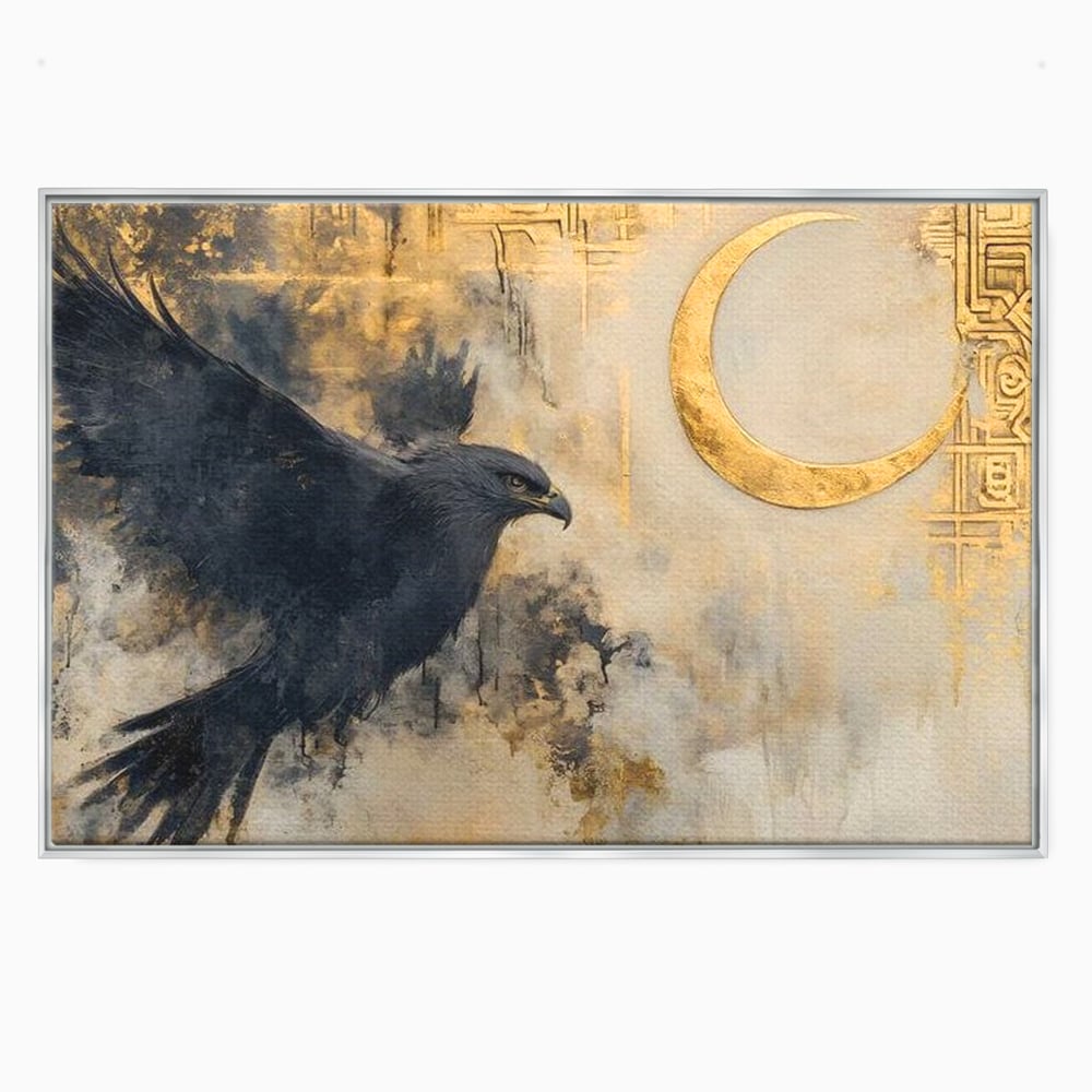 Tablou canvas cu tablou canvas cu vultur si semiluna aurie, in rama de aluminiu argintiu