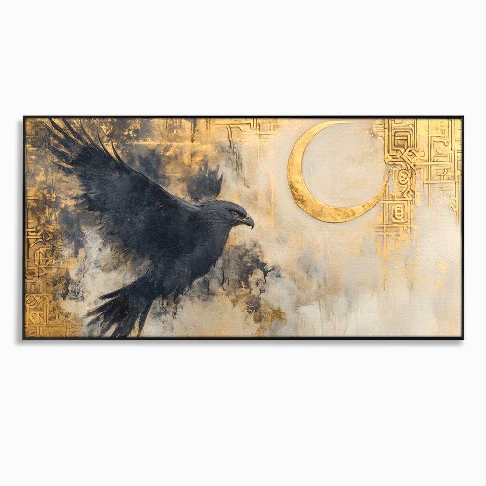 Tablou canvas cu tablou canvas cu vultur si semiluna aurie, in rama de aluminiu negru