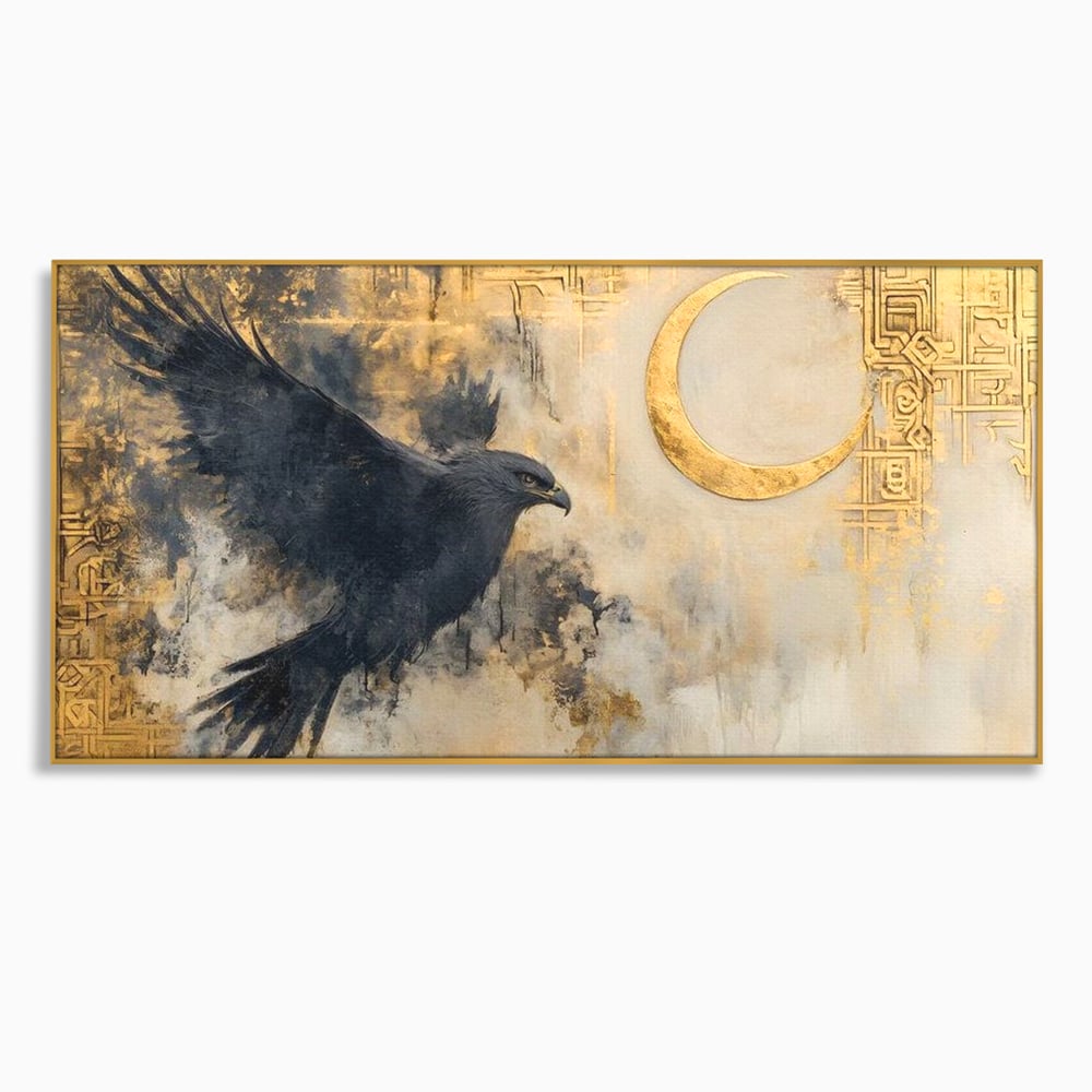 Tablou canvas cu tablou canvas cu vultur si semiluna aurie, in rama de aluminiu auriu