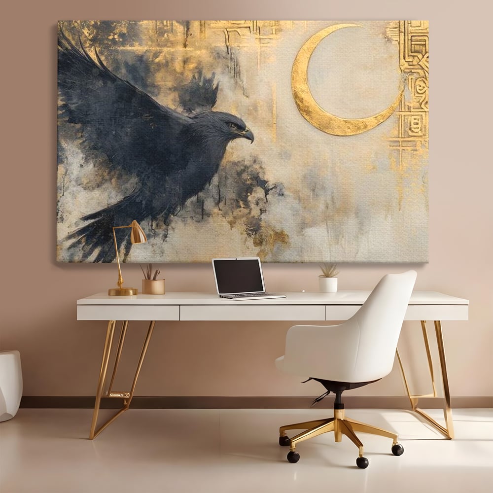 Tablou canvas cu tablou canvas cu vultur si semiluna aurie, fara rama, pe sasiu de lemn, pe perete intr-un birou