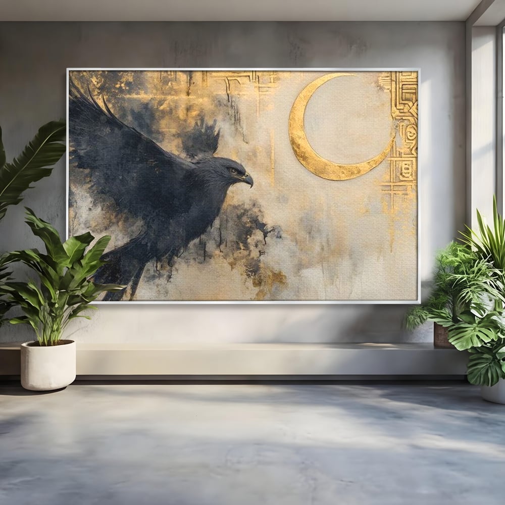 Tablou canvas cu tablou canvas cu vultur si semiluna aurie, in rama de aluminiu argintiu