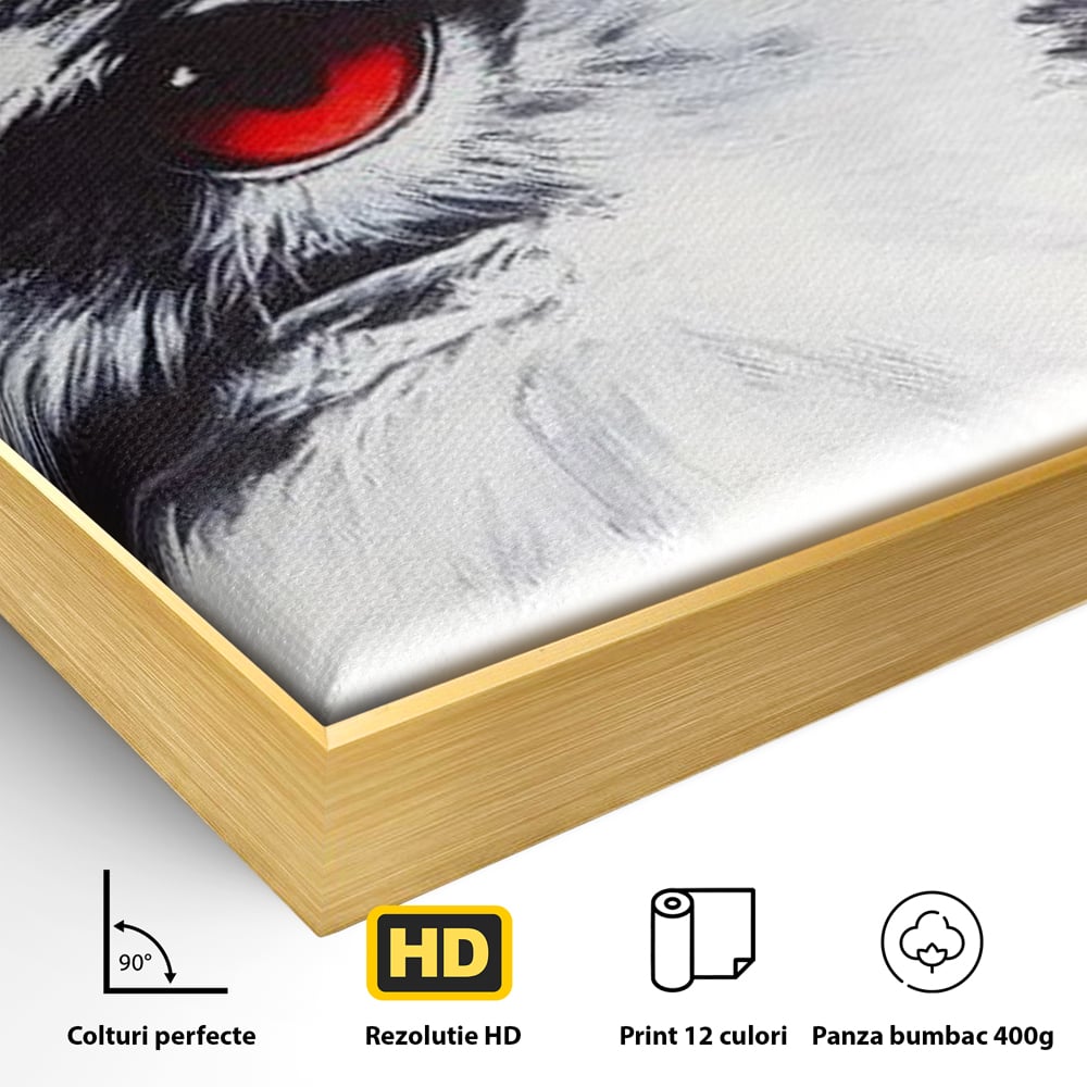 Detaliu al suprafetei: tablou canvas cu vultur si ochi rosu, in rama de aluminiu auriu