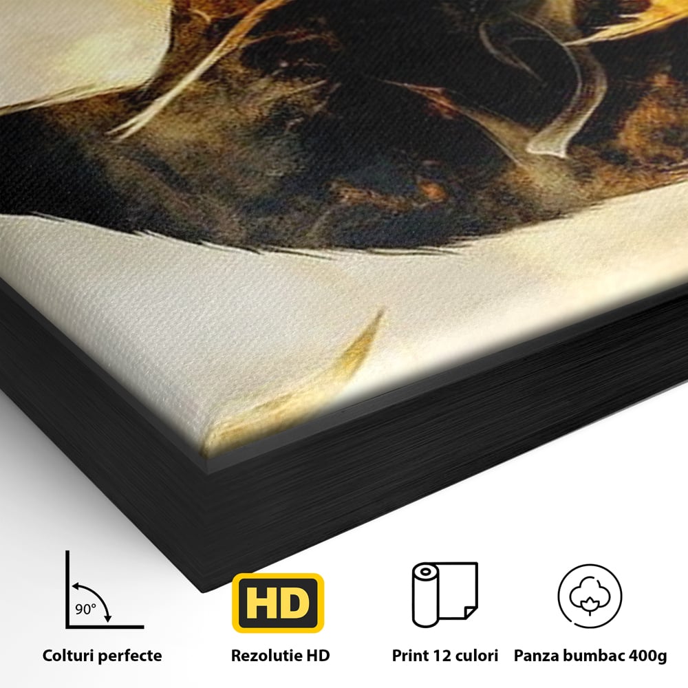 Detaliu al suprafetei: tablou canvas cu un corb in zbor, in rama de aluminiu negru
