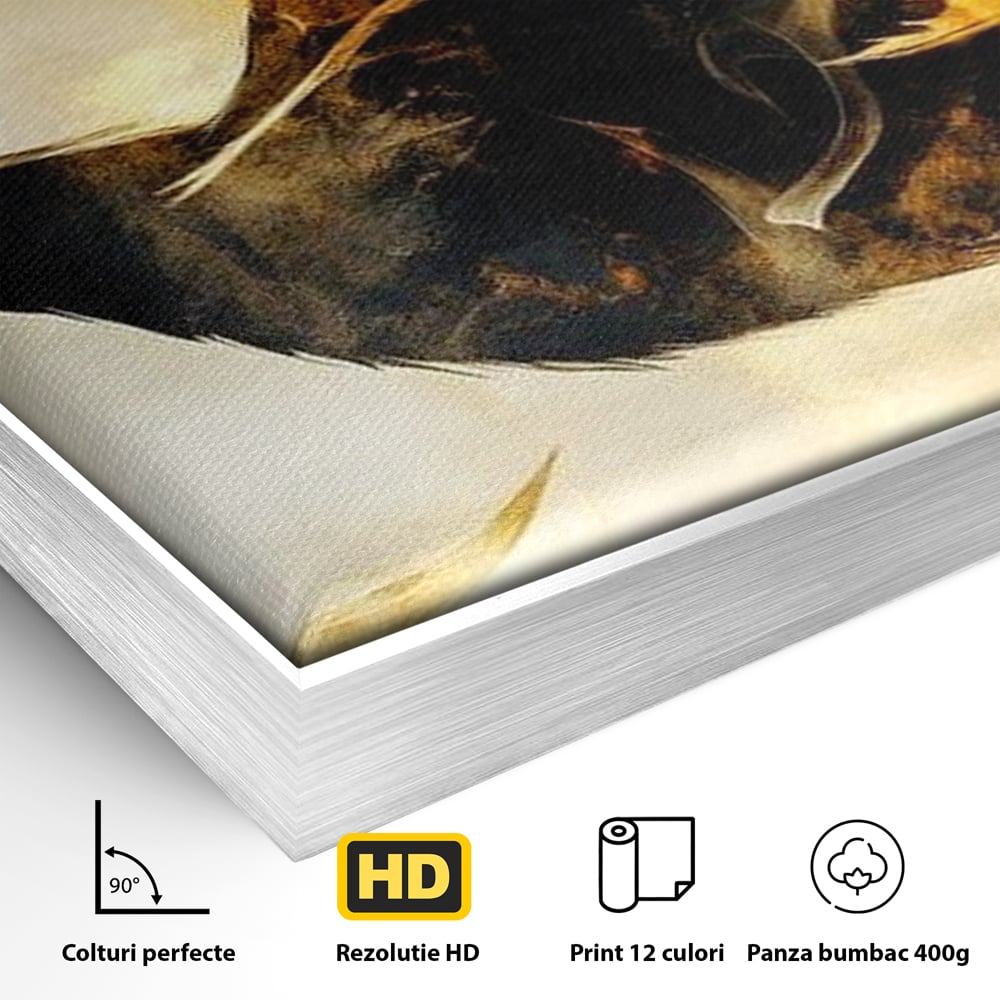 Detaliu al suprafetei: tablou canvas cu un corb in zbor, in rama de aluminiu argintiu