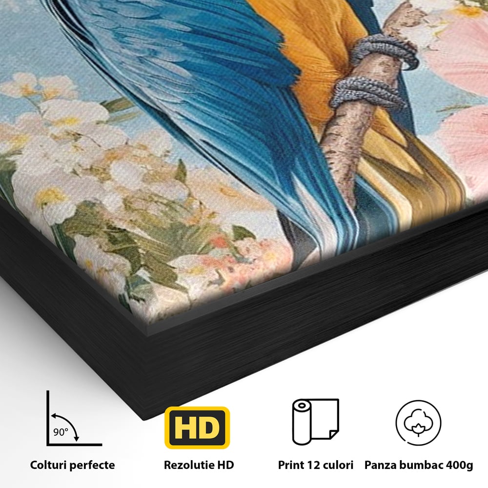 Detaliu al suprafetei: tablou canvas cu papagal colorat, in rama de aluminiu negru