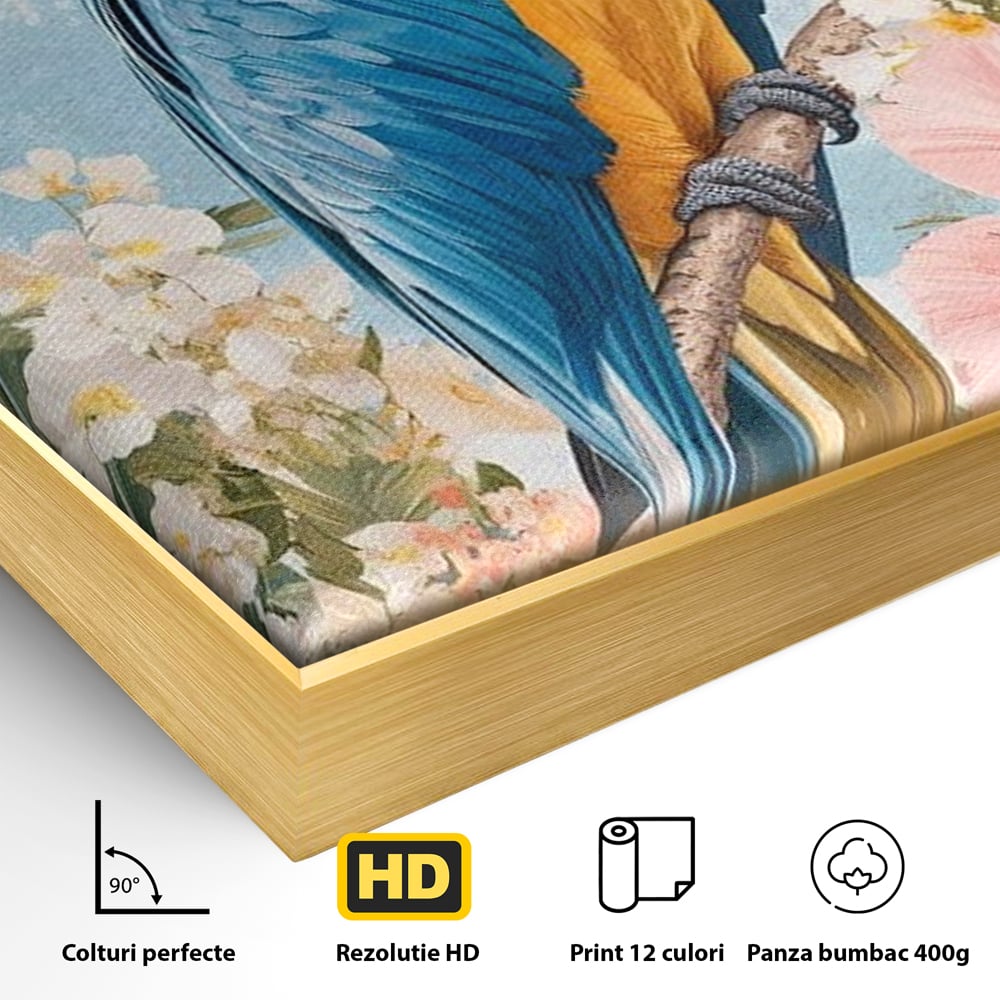 Detaliu al suprafetei: tablou canvas cu papagal colorat, in rama de aluminiu auriu