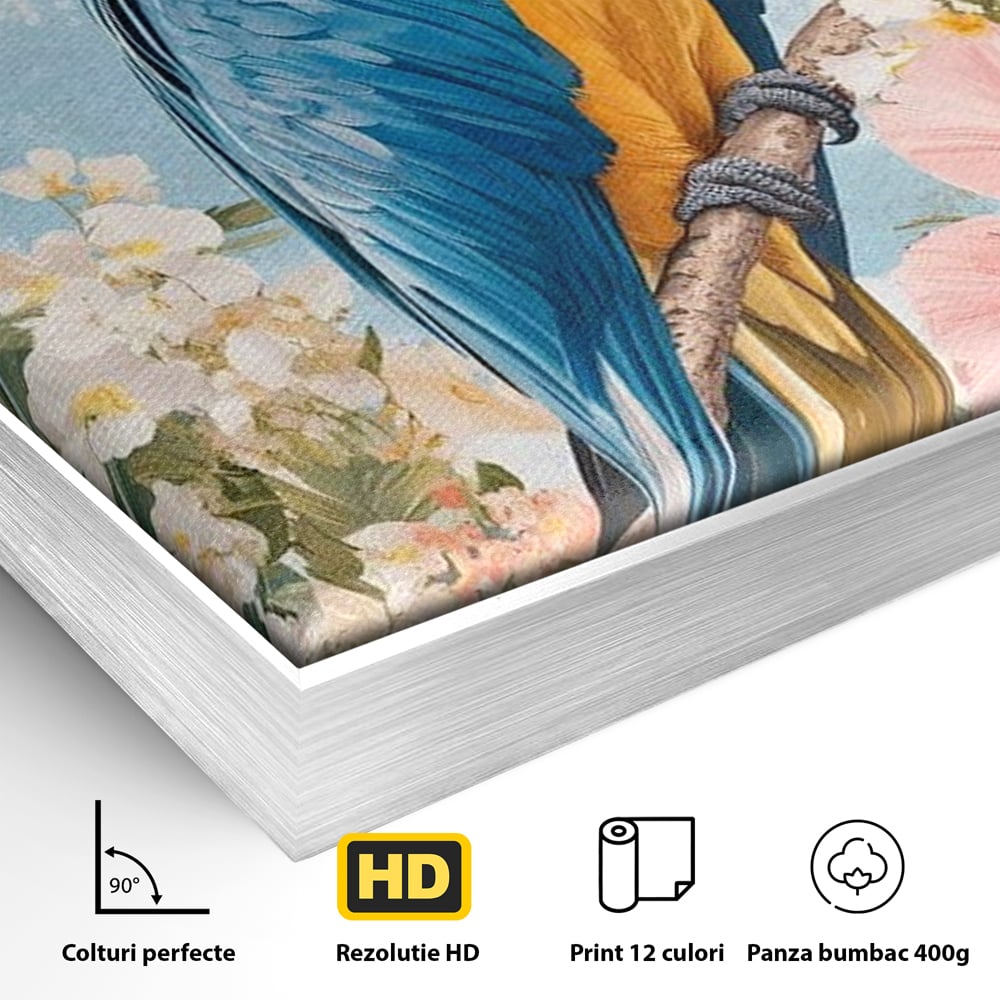 Detaliu al suprafetei: tablou canvas cu papagal colorat, in rama de aluminiu argintiu