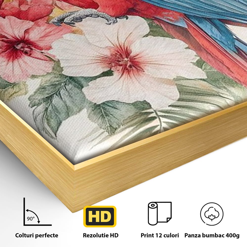 Detaliu al suprafetei: tablou canvas cu papagal multicolor si flori, in rama de aluminiu auriu