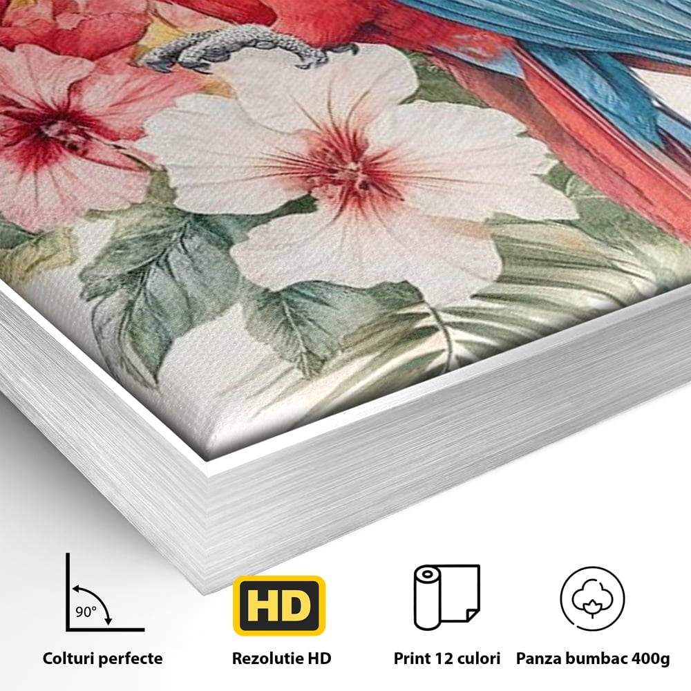 Detaliu al suprafetei: tablou canvas cu papagal multicolor si flori, in rama de aluminiu argintiu