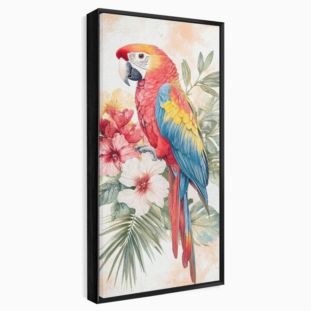 Tablou canvas cu tablou canvas cu papagal multicolor si flori, in rama de aluminiu negru