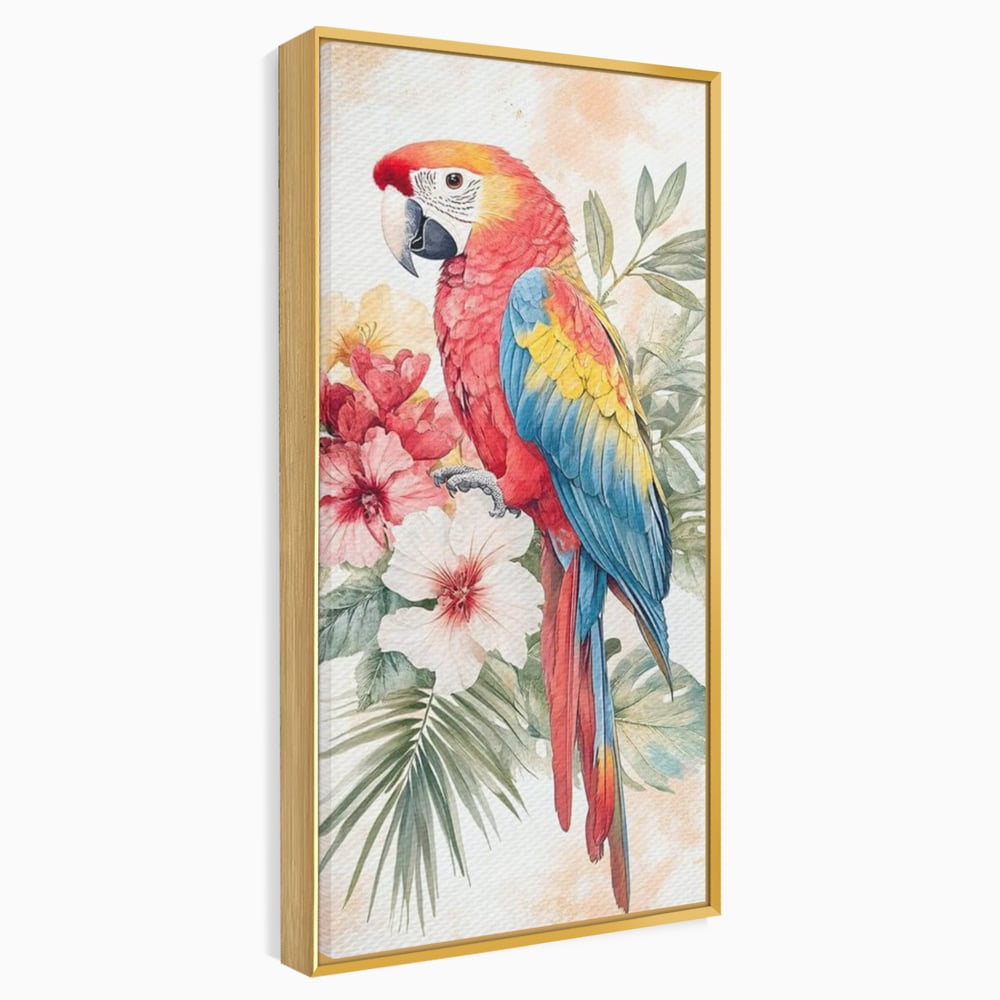 Tablou canvas cu tablou canvas cu papagal multicolor si flori, in rama de aluminiu auriu