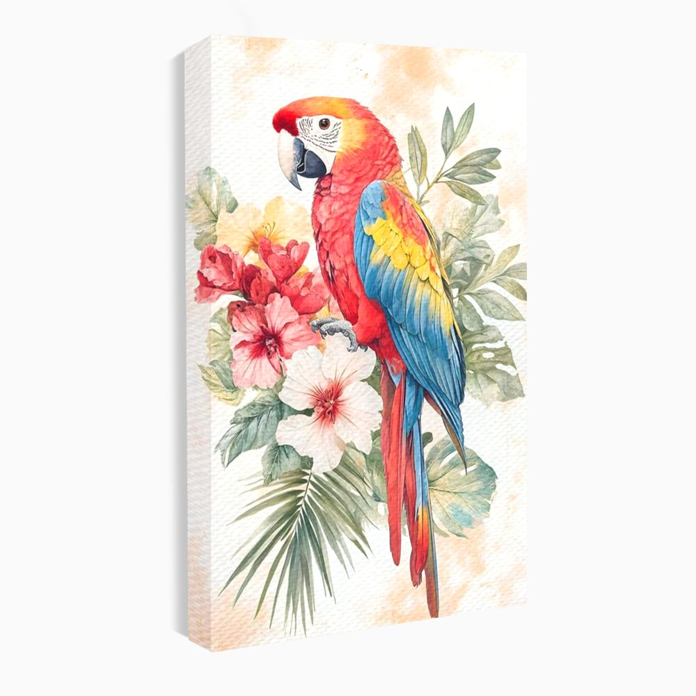 Tablou canvas cu tablou canvas cu papagal multicolor si flori, fara rama, pe sasiu de lemn