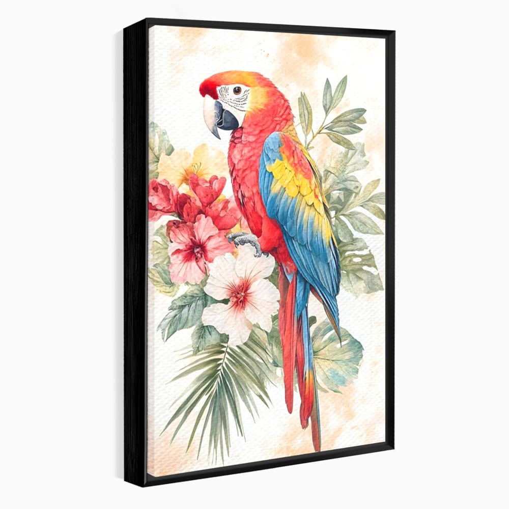 Tablou canvas cu tablou canvas cu papagal multicolor si flori, in rama de aluminiu negru