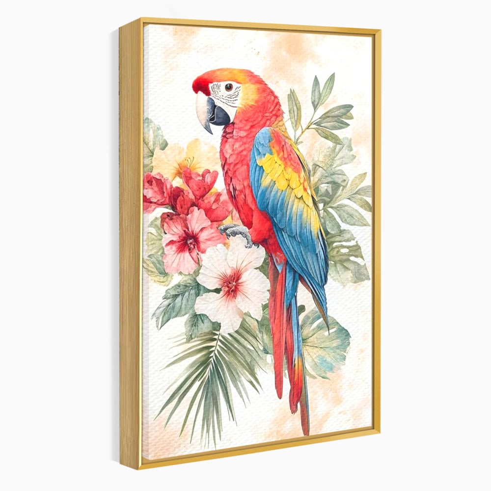 Tablou canvas cu tablou canvas cu papagal multicolor si flori, in rama de aluminiu auriu