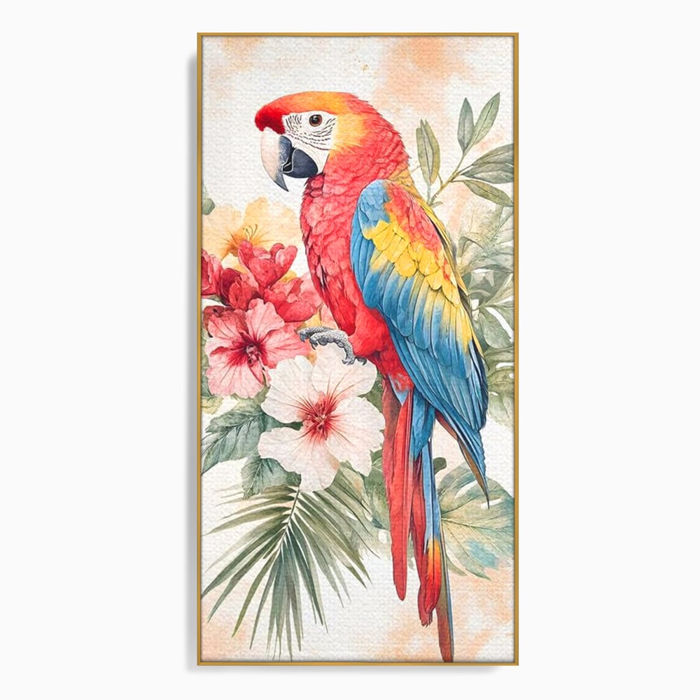 Tablou canvas cu tablou canvas cu papagal multicolor si flori, in rama de aluminiu auriu