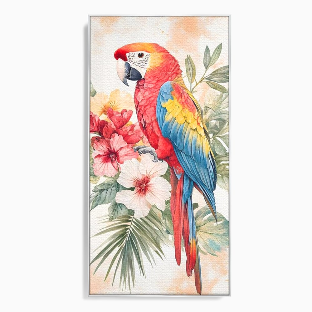 Tablou canvas cu tablou canvas cu papagal multicolor si flori, in rama de aluminiu argintiu