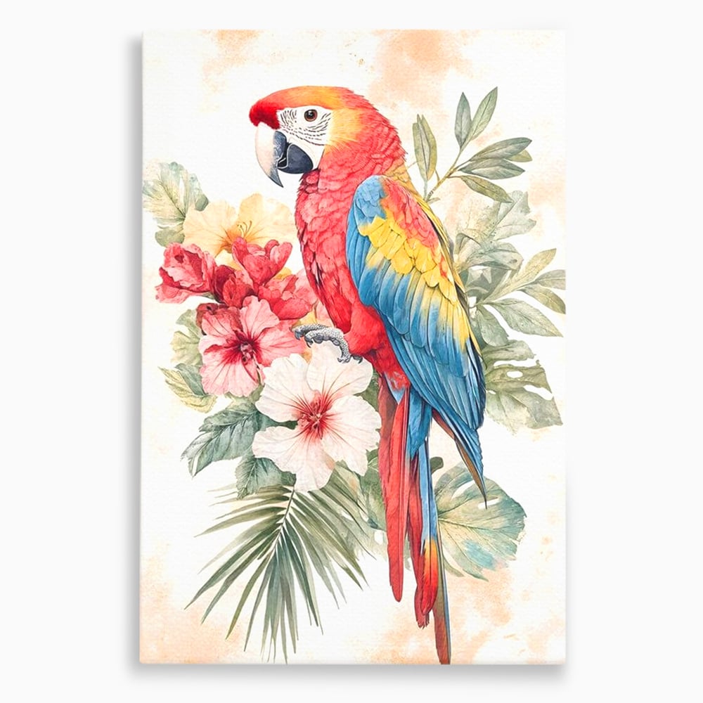 Tablou canvas cu tablou canvas cu papagal multicolor si flori, fara rama, pe sasiu de lemn