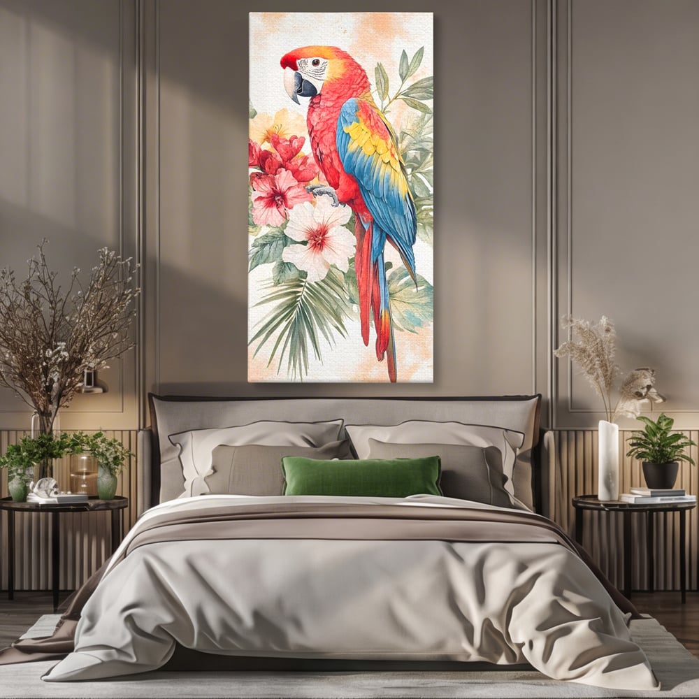 Tablou canvas cu tablou canvas cu papagal multicolor si flori, fara rama, pe sasiu de lemn, pe perete intr-un dormitor