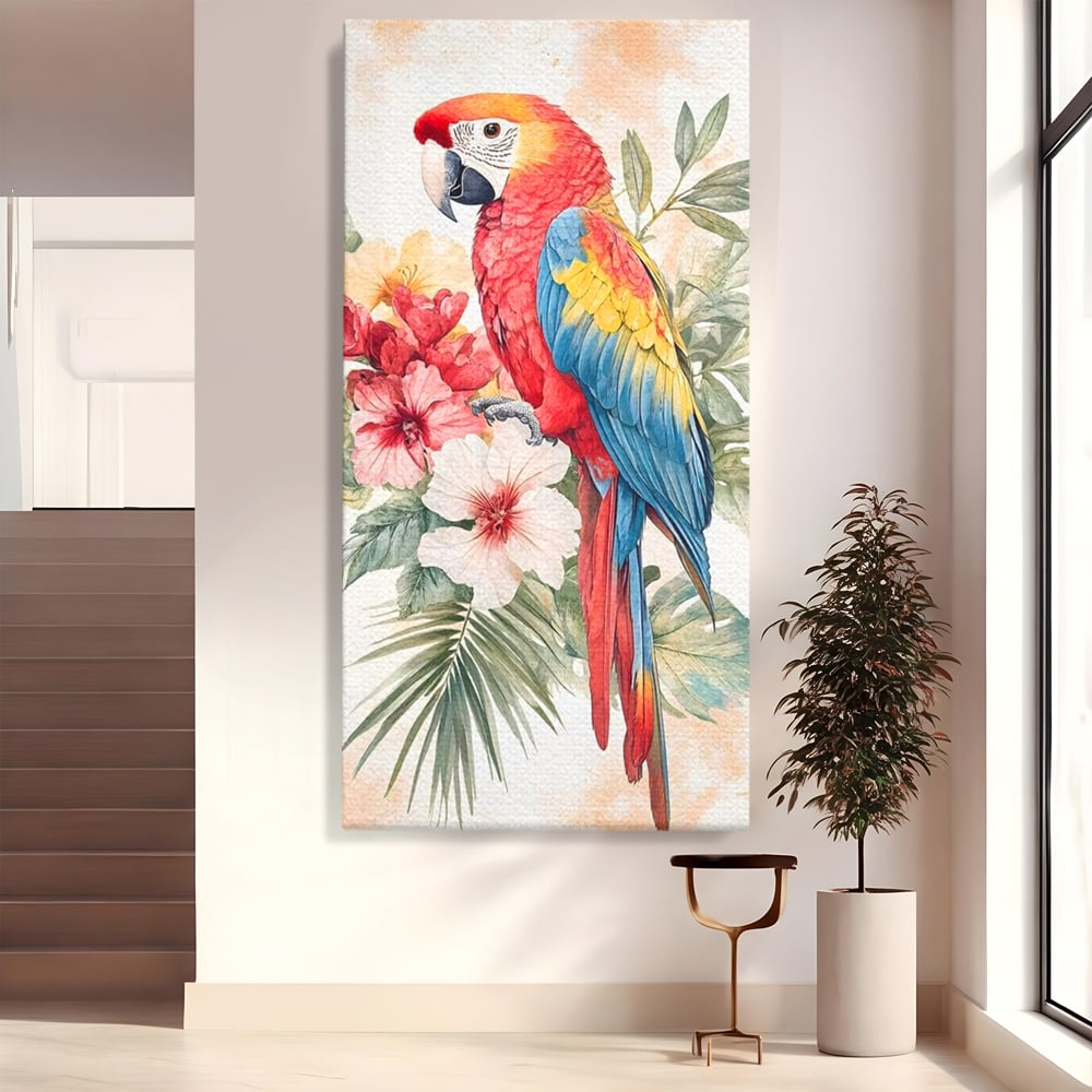 Tablou canvas cu tablou canvas cu papagal multicolor si flori, fara rama, pe sasiu de lemn