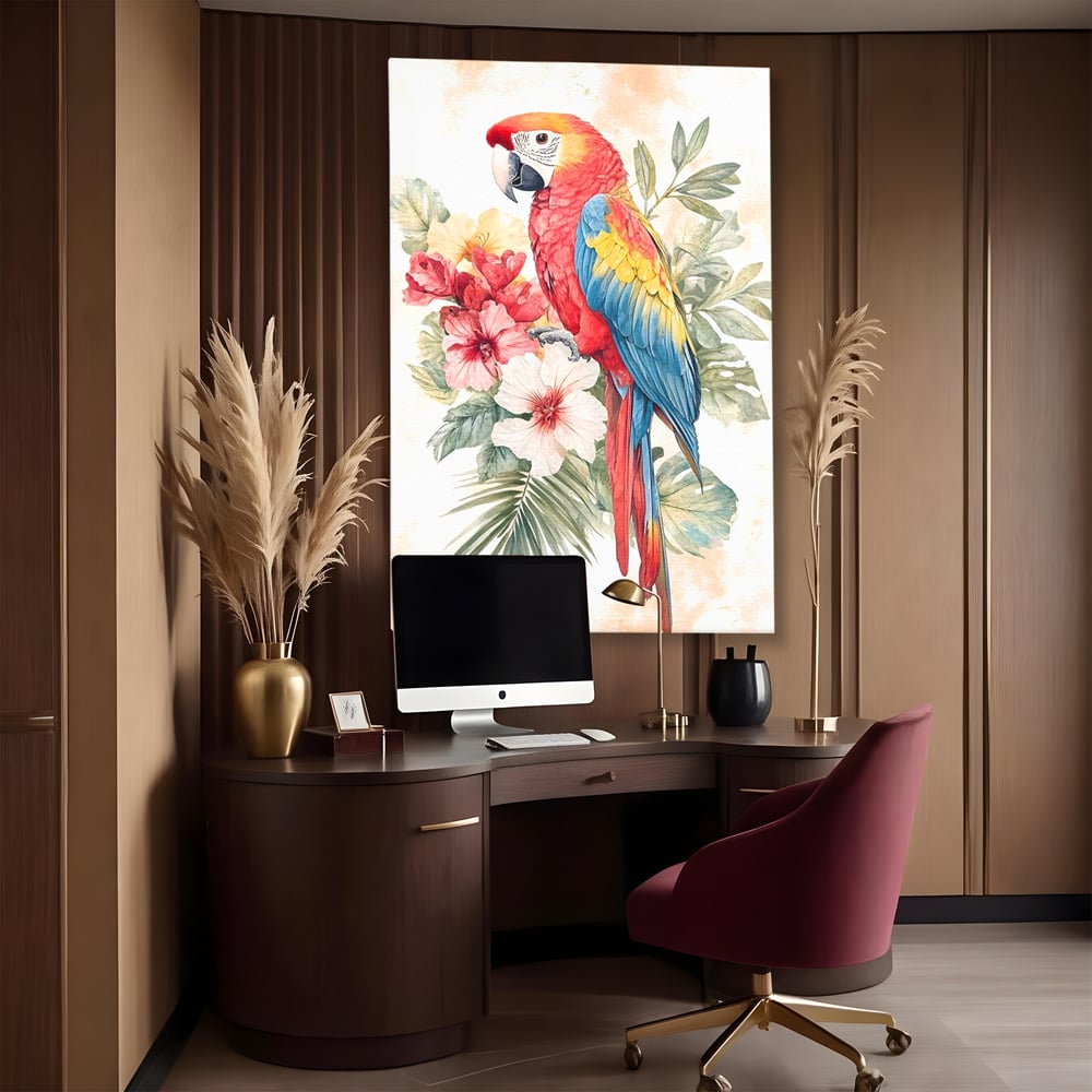 Tablou canvas cu tablou canvas cu papagal multicolor si flori, fara rama, pe sasiu de lemn, pe perete intr-un birou