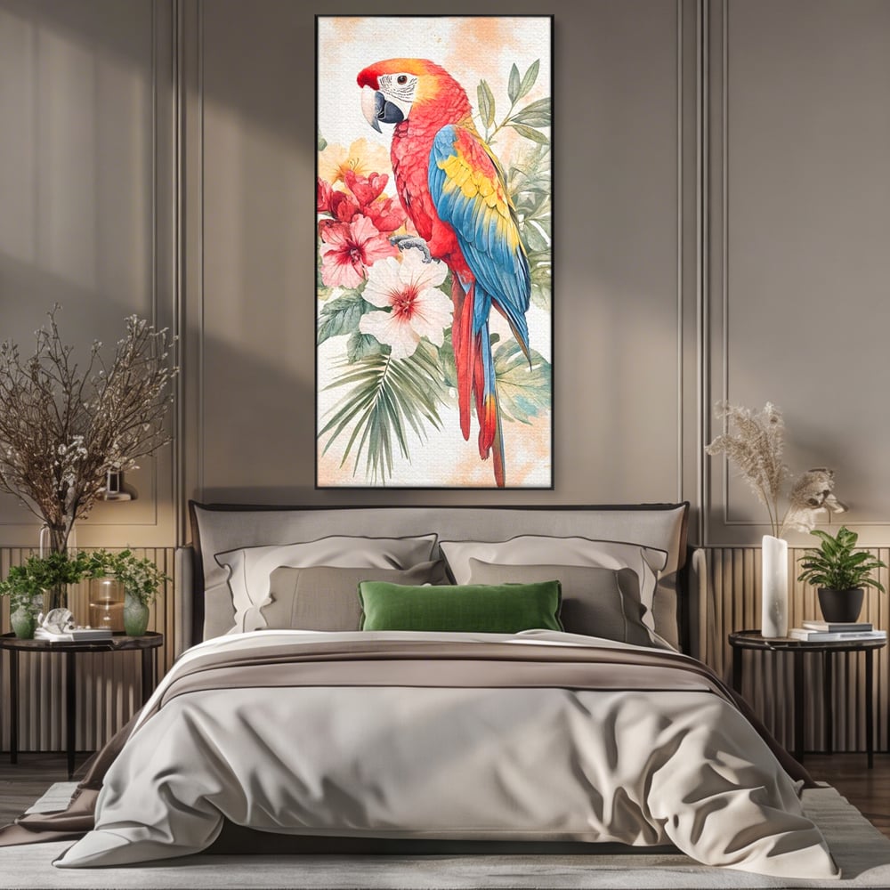 Tablou canvas cu tablou canvas cu papagal multicolor si flori, in rama de aluminiu negru, pe perete intr-un dormitor