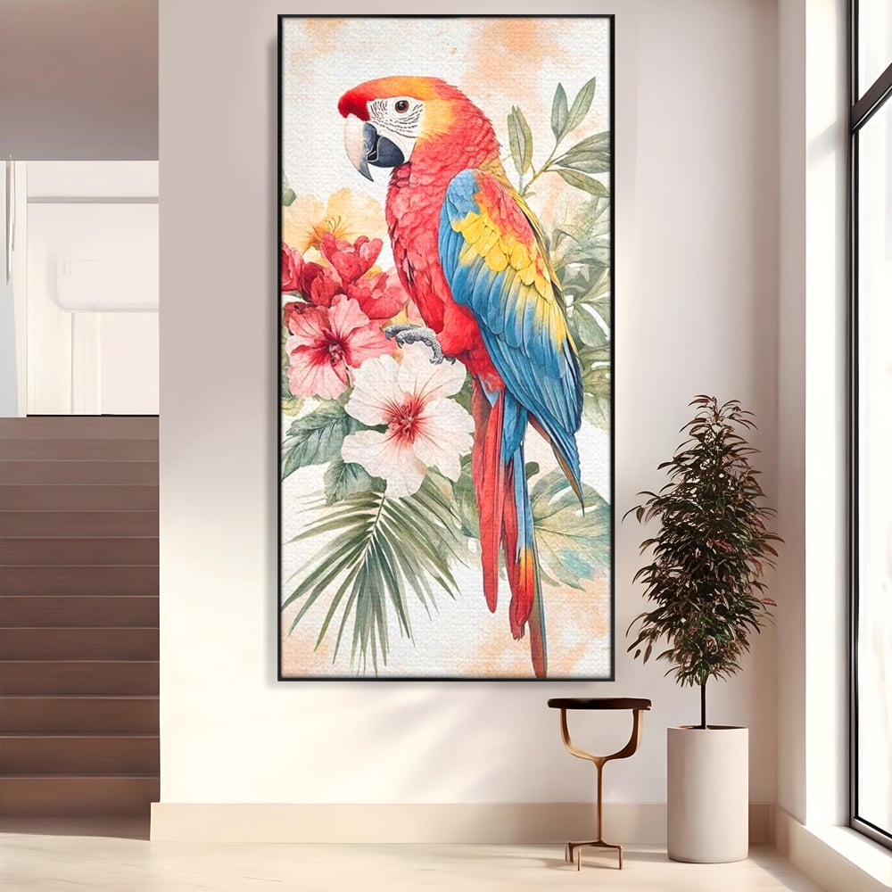 Tablou canvas cu tablou canvas cu papagal multicolor si flori, in rama de aluminiu negru