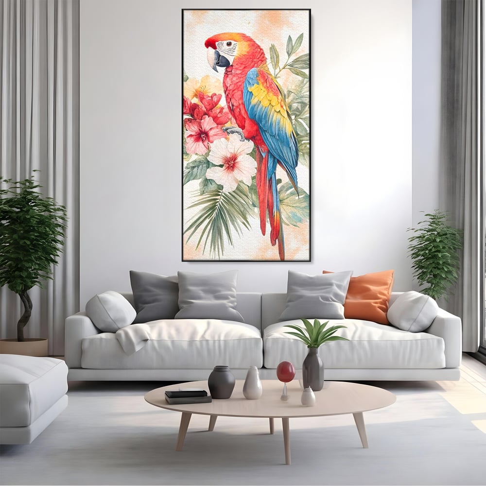 Tablou canvas cu tablou canvas cu papagal multicolor si flori, in rama de aluminiu negru, pe perete intr-un living