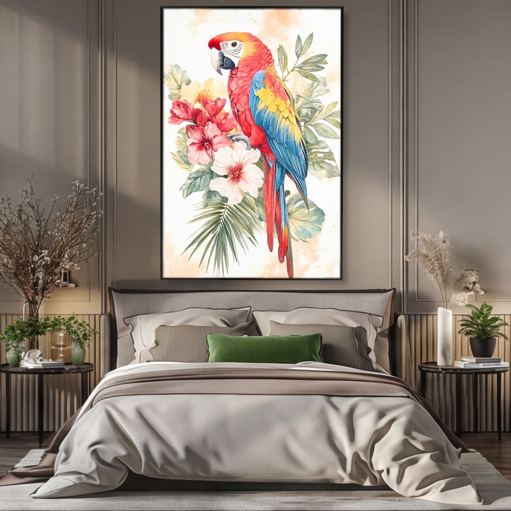 Tablou canvas cu tablou canvas cu papagal multicolor si flori, in rama de aluminiu negru, pe perete intr-un dormitor