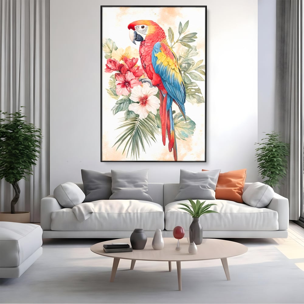 Tablou canvas cu tablou canvas cu papagal multicolor si flori, in rama de aluminiu negru, pe perete intr-un living
